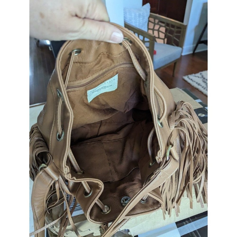 Aeropostale Cognac Brown Faux Leather Bucket Crossbody Fringed Bag - Picture 3 of 12
